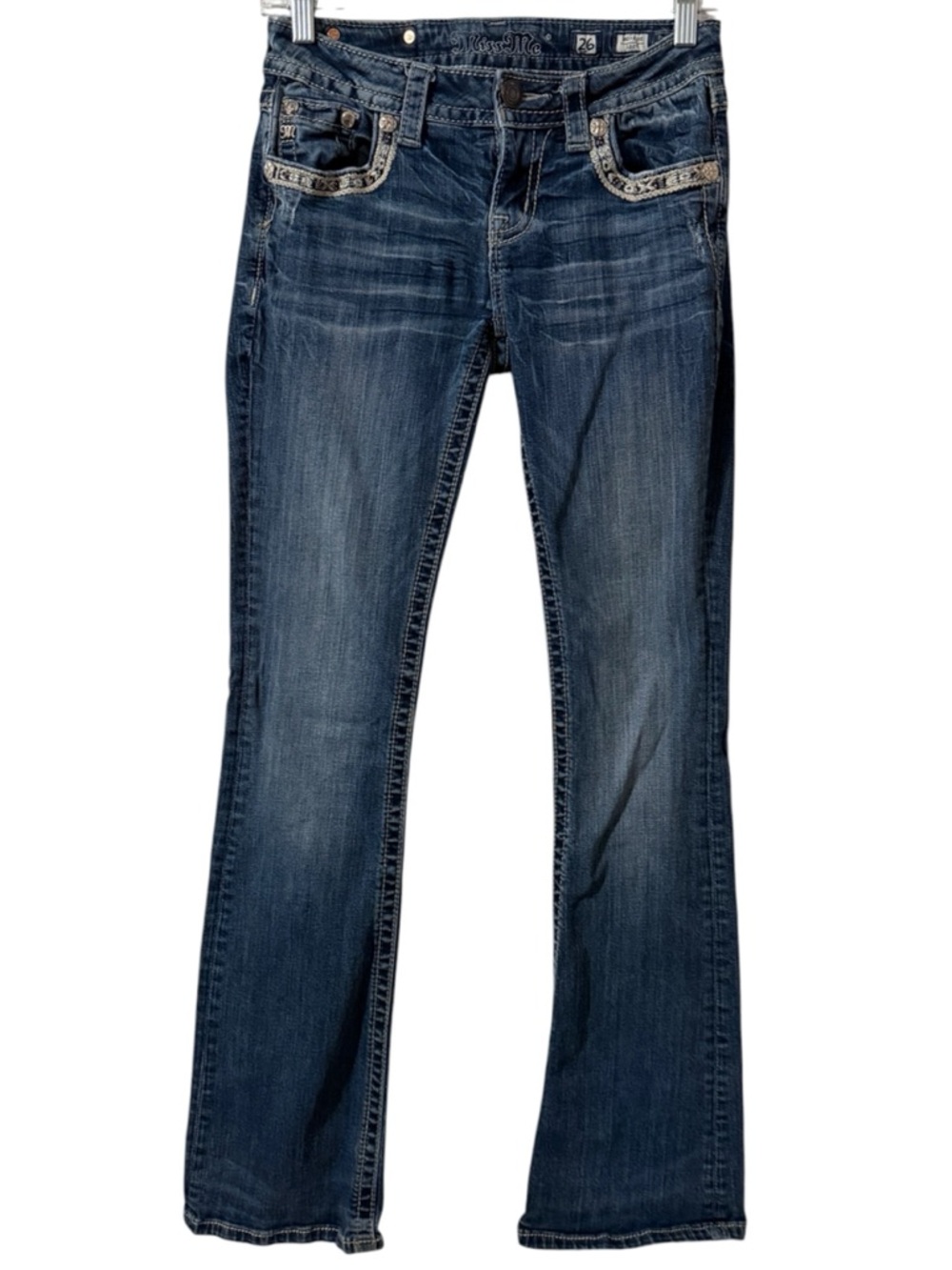 Miss Me Mid Rise Bootcut jeans embroidered metallic gold patch women’s 26